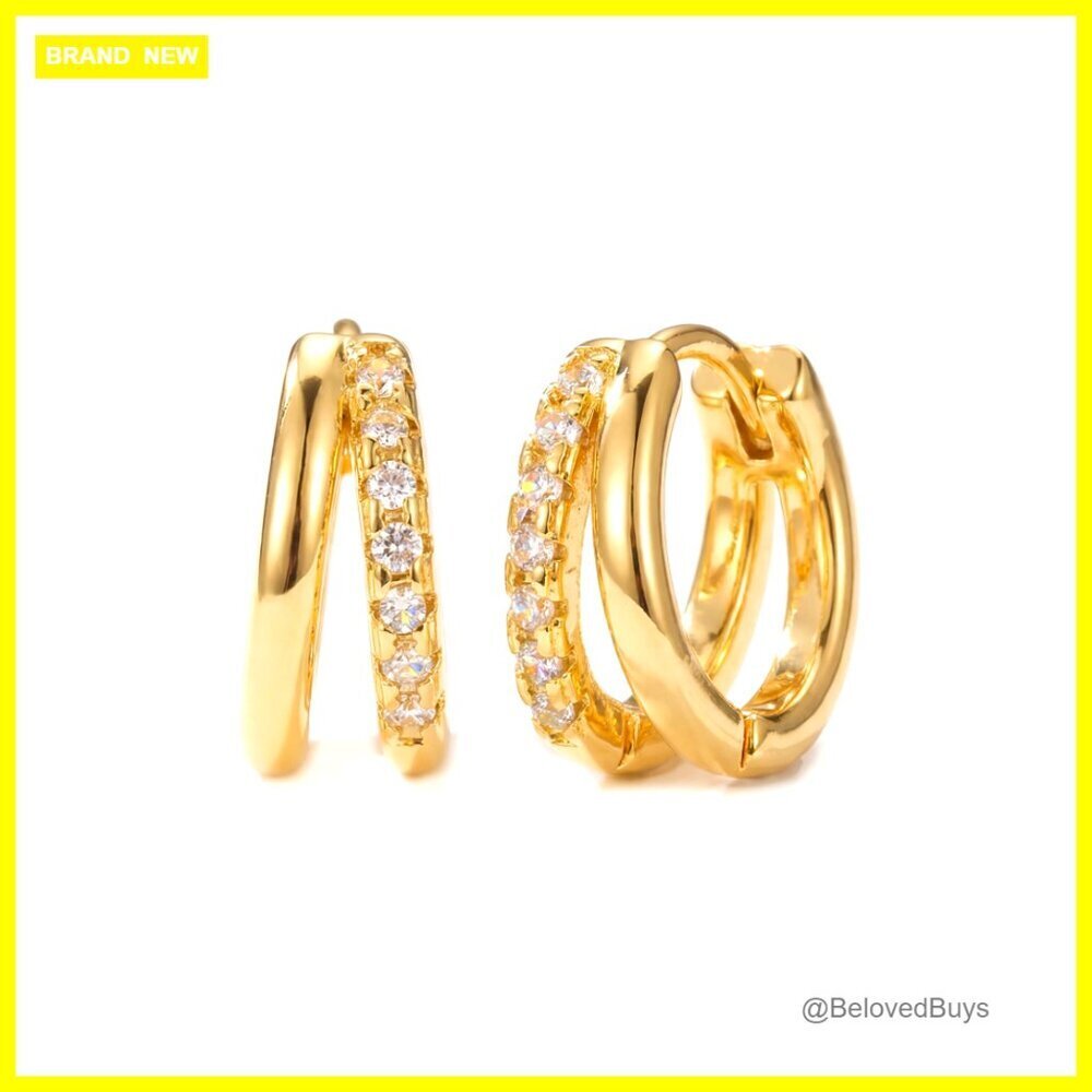 14K Gold Plated Huggie Hoop Earrings with Pave CZ Diamonds